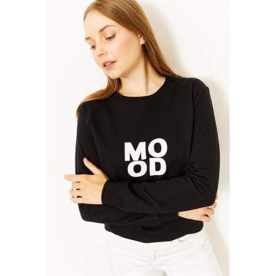 Kadın Siyah Mood Baskılı Sweatshirt