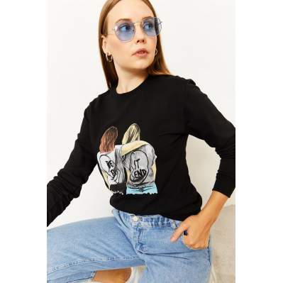 Kadın Siyah Baskılı Sweatshirt