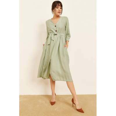 Kadın Mint Yeşili V Yakalı Beli Büzgülü Elbise