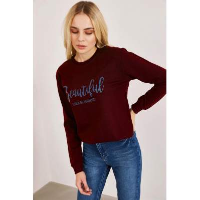 Kadın Bordo Baskılı Sweatshirt