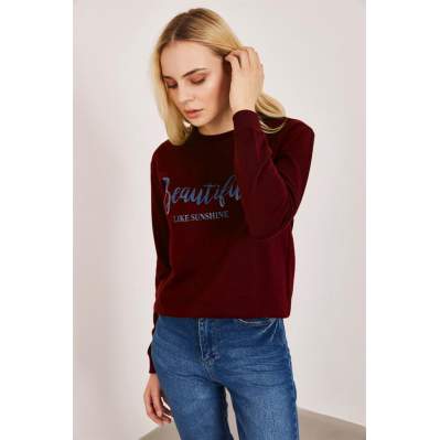 Kadın Bordo Baskılı Sweatshirt