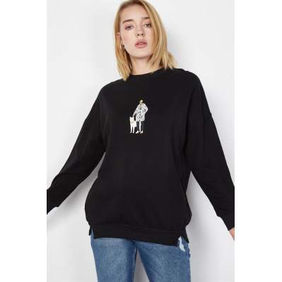 Kadın Siyah Figür Baskılı Sweatshirt