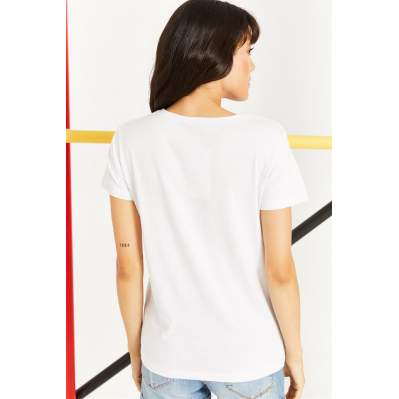 Kadın Beyaz Bisiklet Yakalı Baskılı Taş İşlemeli Basic T-Shirt