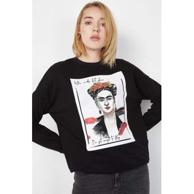 Kadın Siyah Baskılı Sweatshirt