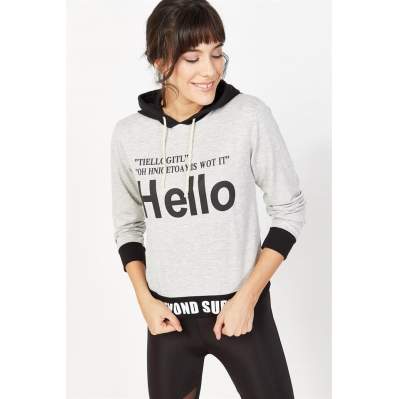 Kadın Gri Hello Baskılı Kapüşonlu Sweatshirt