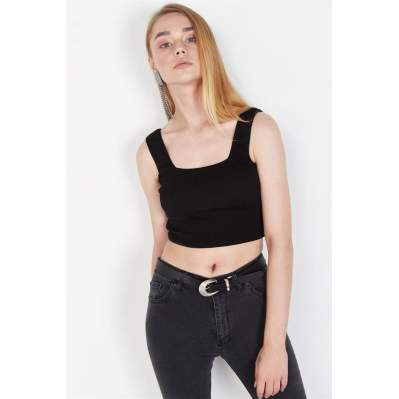 Kadın Siyah Kalın Askılı Triko Crop Top