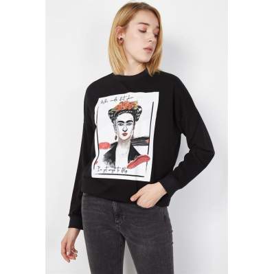 Kadın Siyah Baskılı Sweatshirt