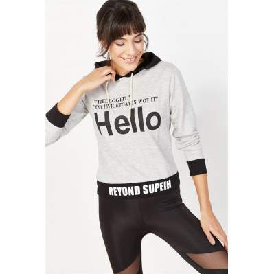 Kadın Gri Hello Baskılı Kapüşonlu Sweatshirt