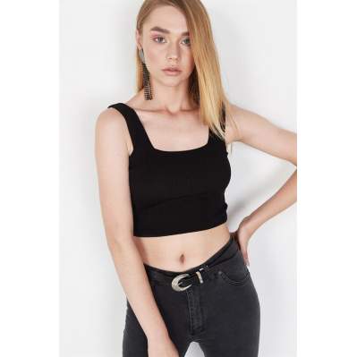 Kadın Siyah Kalın Askılı Triko Crop Top