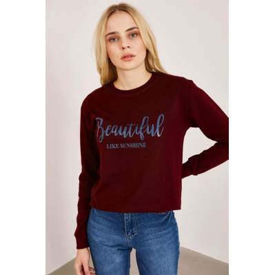 Kadın Bordo Baskılı Sweatshirt