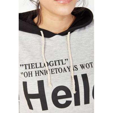 Kadın Gri Hello Baskılı Kapüşonlu Sweatshirt