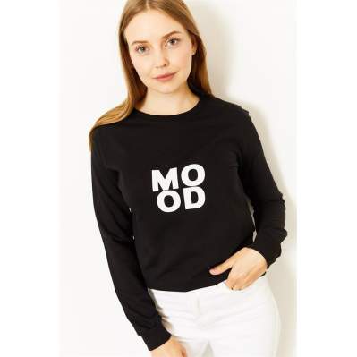 Kadın Siyah Mood Baskılı Sweatshirt