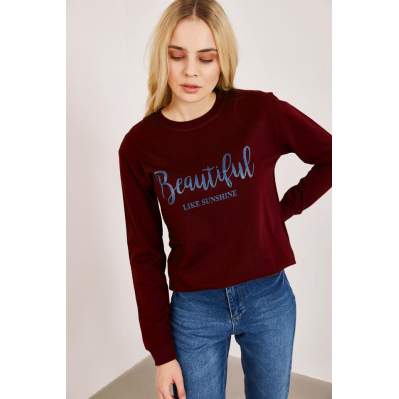 Kadın Bordo Baskılı Sweatshirt