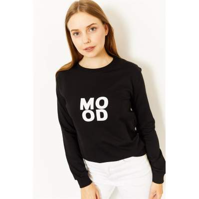 Kadın Siyah Mood Baskılı Sweatshirt