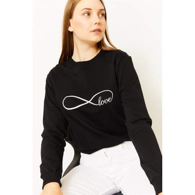 Kadın Siyah Love Baskılı Sweatshirt