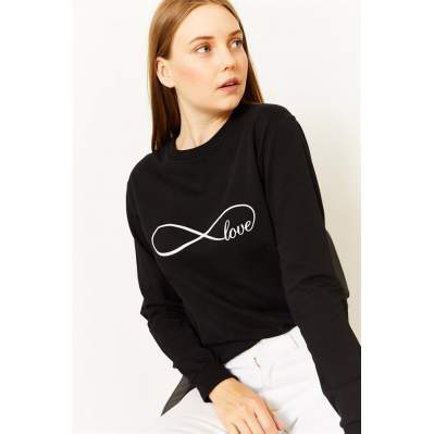 Kadın Siyah Love Baskılı Sweatshirt