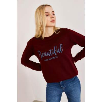 Kadın Bordo Baskılı Sweatshirt