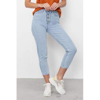 Kadın Mavi Önden Düğmeli Yüksek Bel Mom Jeans