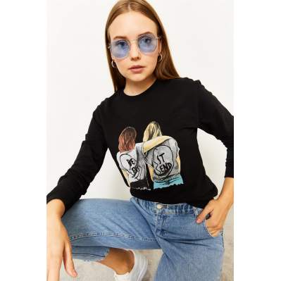 Kadın Siyah Baskılı Sweatshirt