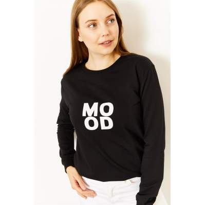 Kadın Siyah Mood Baskılı Sweatshirt