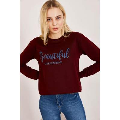 Kadın Bordo Baskılı Sweatshirt