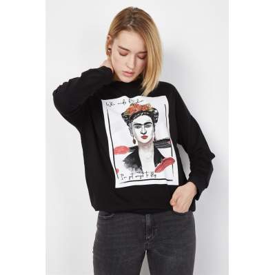 Kadın Siyah Baskılı Sweatshirt