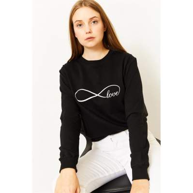 Kadın Siyah Love Baskılı Sweatshirt