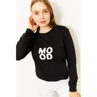 Kadın Siyah Mood Baskılı Sweatshirt