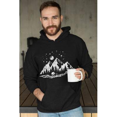 Camping Siyah Erkek Kapşonlu Sweatshirt - Hoodie