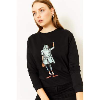 Kadın Siyah Baskılı Sweatshirt