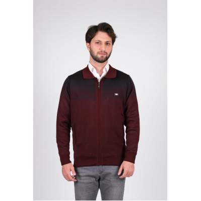 Çizgi Triko Erkek Battal Boy Polo Yaka Astarlı Triko Mont Fermuarlı Desenli 3XL - 4XL - 5XL - Bordo