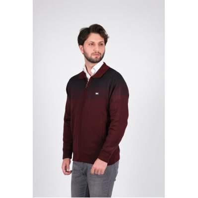 Çizgi Triko Erkek Battal Boy Polo Yaka Astarlı Triko Mont Fermuarlı Desenli 3XL - 4XL - 5XL - Bordo