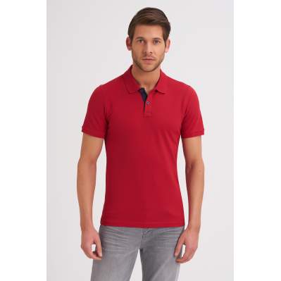 Çizgi Triko Erkek Slim Fit Polo Yaka Tişört Desenli Kolu Lastikli Kumaş %100 Pamuk - Kırmızı