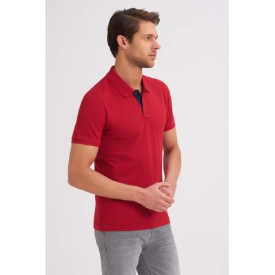 Çizgi Triko Erkek Slim Fit Polo Yaka Tişört Desenli Kolu Lastikli Kumaş %100 Pamuk - Kırmızı