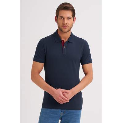 Çizgi Triko Erkek Slim Fit Polo Yaka Tişört Desenli Kolu Lastikli Kumaş %100 Pamuk - Lacivert