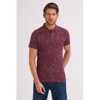 Çizgi Triko Erkek Slim Fit Polo Yaka Tişört Desenli Kolu Lastikli Kumaş %100 Pamuk - Mürdüm