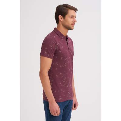 Çizgi Triko Erkek Slim Fit Polo Yaka Tişört Desenli Kolu Lastikli Kumaş %100 Pamuk - Mürdüm