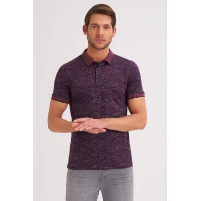 Çizgi Triko Erkek Slim Fit Polo Yaka Tişört Kolu Lastikli Desenli Günlük - Bordo