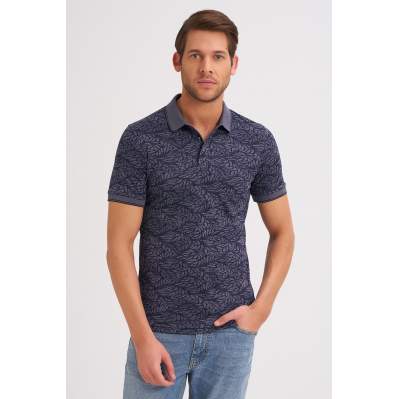 Çizgi Triko Erkek Slim Fit Polo Yaka Tişört Kolu Lastikli Desenli Günlük - Lacivert