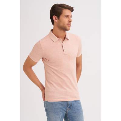 Çizgi Triko Erkek Slim Fit Polo Yaka Tişört Kolu Lastikli Kumaş %100 Pamuk - Pudra