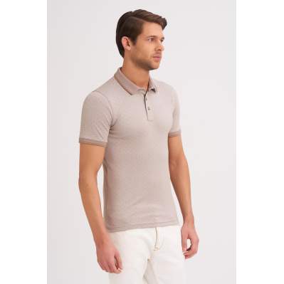 Çizgi Triko Erkek Slim Fit Polo Yaka Tişört Nokta Desenli Kolu Lastikli - Bej