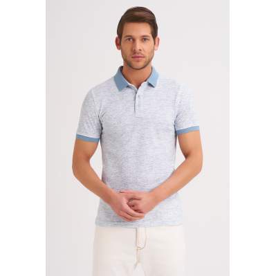 Çizgi Triko Erkek Tişört Slim Fit Polo Yaka Desenli Kolu Lastikli %100 Pamuk Kumaş - Beyaz