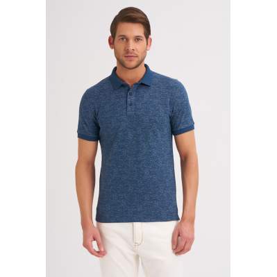 Çizgi Triko Erkek Tişört Slim Fit Polo Yaka Desenli Kolu Lastikli %100 Pamuk Kumaş - Marin