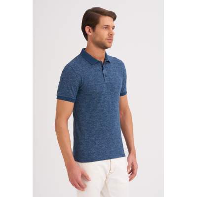 Çizgi Triko Erkek Tişört Slim Fit Polo Yaka Desenli Kolu Lastikli %100 Pamuk Kumaş - Marin