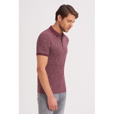 Çizgi Triko Erkek Tişört Slim Fit Polo Yaka Desenli Kolu Lastikli %100 Pamuk Kumaş - Mürdüm