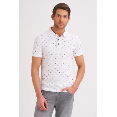 Çizgi Triko Erkek Tişört Slim Fit Polo Yaka Kolu Lastikli Desenli %100 Pamuk Kumaş - Beyaz