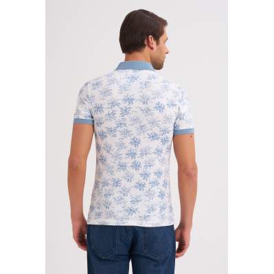 Çizgi Triko Erkek Tişört Slim Fit Polo Yaka Kolu Lastikli Desenli %100 Pamuk Kumaş - Beyaz