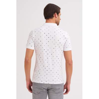 Çizgi Triko Erkek Tişört Slim Fit Polo Yaka Kolu Lastikli Desenli %100 Pamuk Kumaş - Beyaz