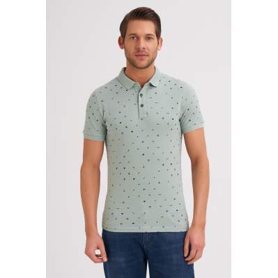 Çizgi Triko Erkek Tişört Slim Fit Polo Yaka Kolu Lastikli Desenli %100 Pamuk Kumaş - Yeşil