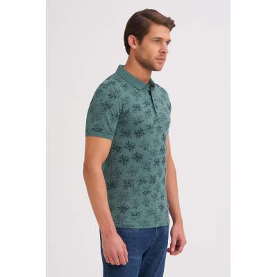 Çizgi Triko Erkek Tişört Slim Fit Polo Yaka Kolu Lastikli Desenli %100 Pamuk Kumaş - Yeşil